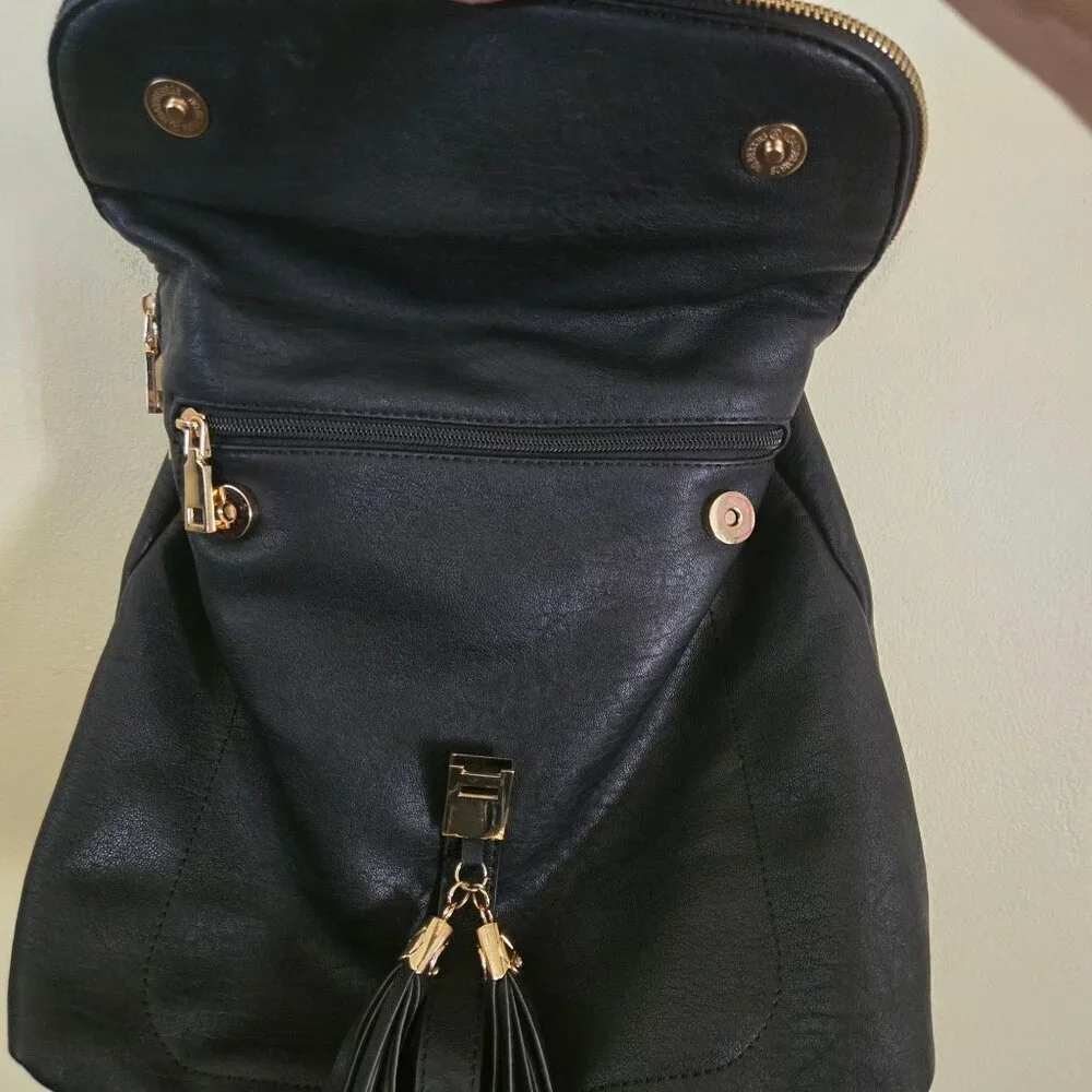 Myztique The Diana Backpack Black Faux Leather Adjustable Zip Snap Closure